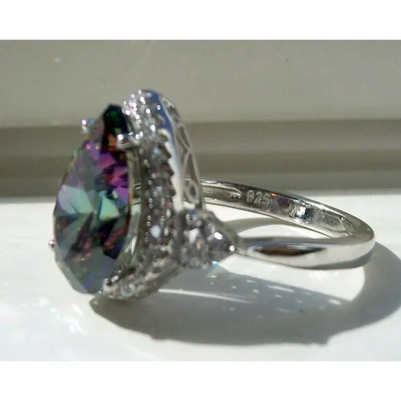 925 Sterling Silver Simulated Mystic Rainbow Topaz CZ Pear Cut Halo Ring - Picture 11 of 16